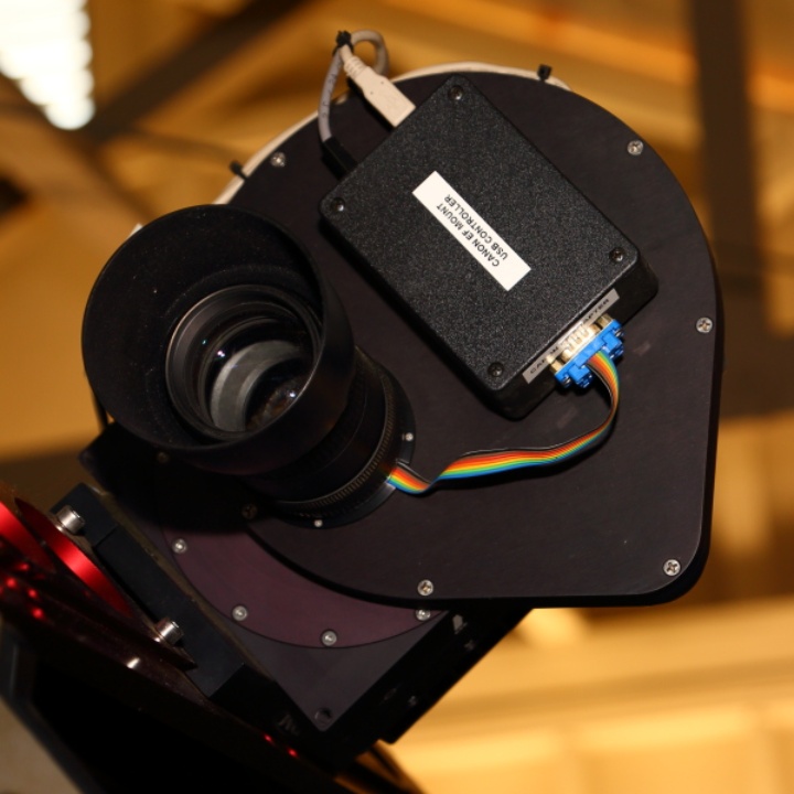 The Wide Field Imager (WFI) is mounted sideways. It uses a commercial Canon EF 135mm f/2.8 telephoto lens and an Arduino microcontroller for focusing.